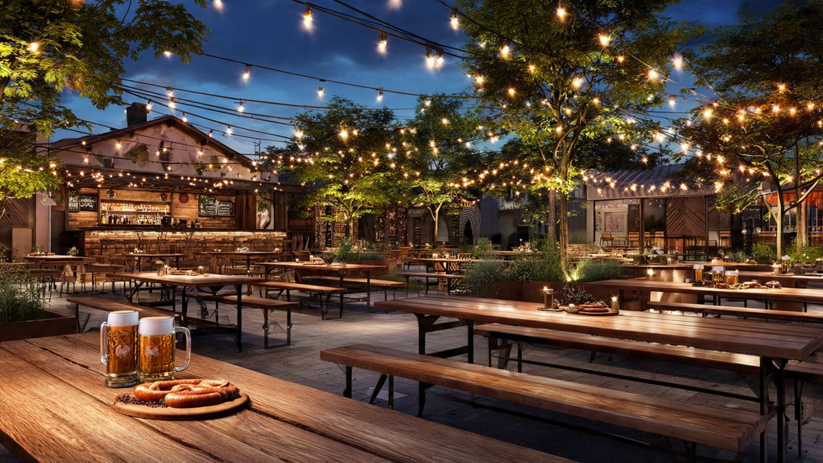 Outdoor beer garden with bratwurst and pretzels