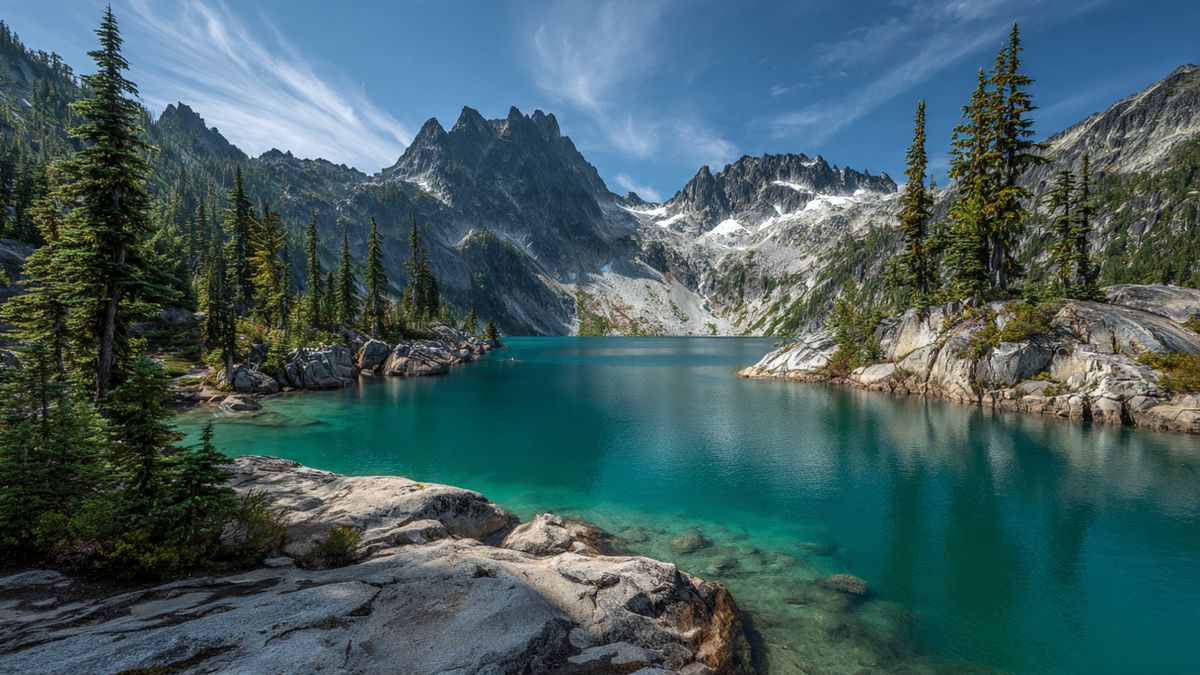 Turquoise alpine lake surrounded by granite peaks