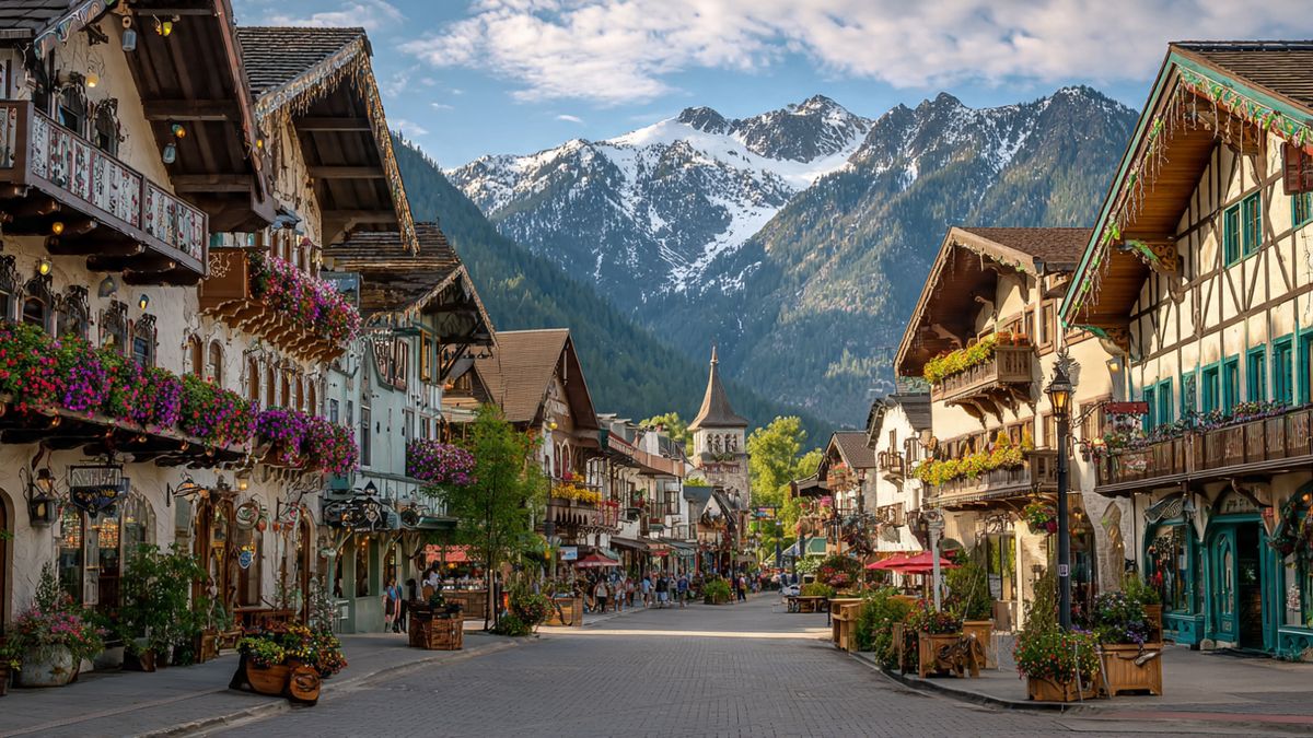 Bavarian village of Leavenworth with mountain peaks